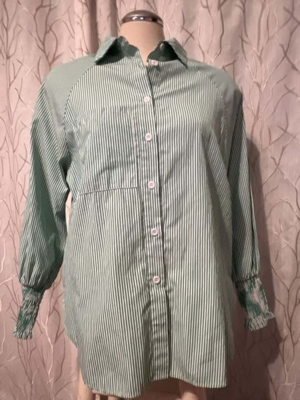 Green and White Striped Button-Down Shirt